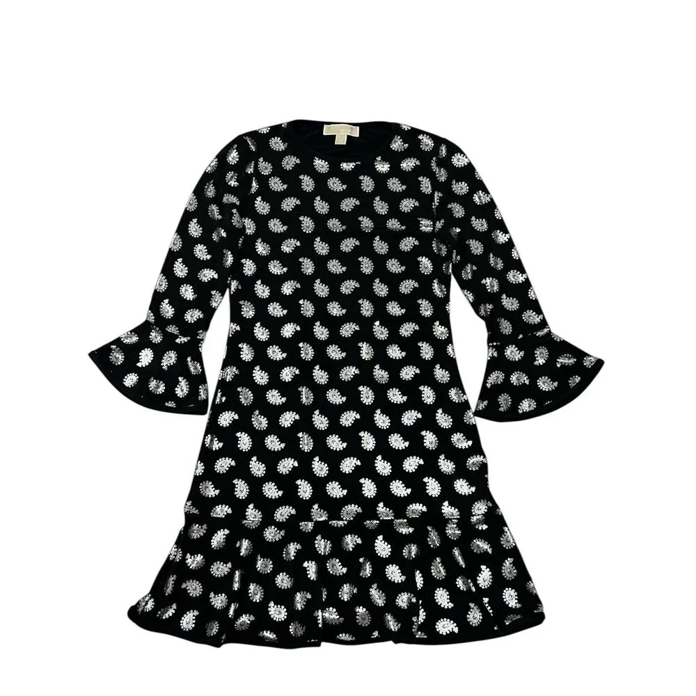 MICHAEL KORS Black/Silver Foil Paisley Flounce Shift Dress Bell Sleeves Size S